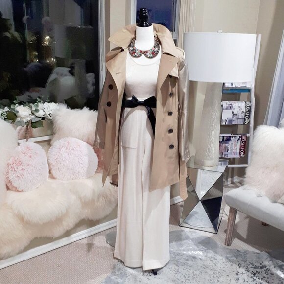 Preloved BCBG belted khaki gold faux leather sleeve trench coat jacket - Picture 4 of 16